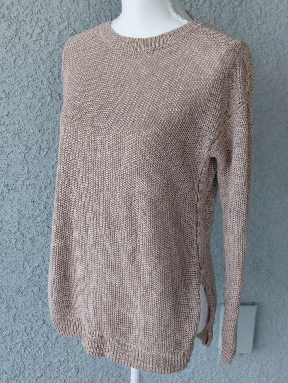 Polo Ralph Lauren 100% Linen Knit Sweater Beige Side Slit Crewneck Size Small